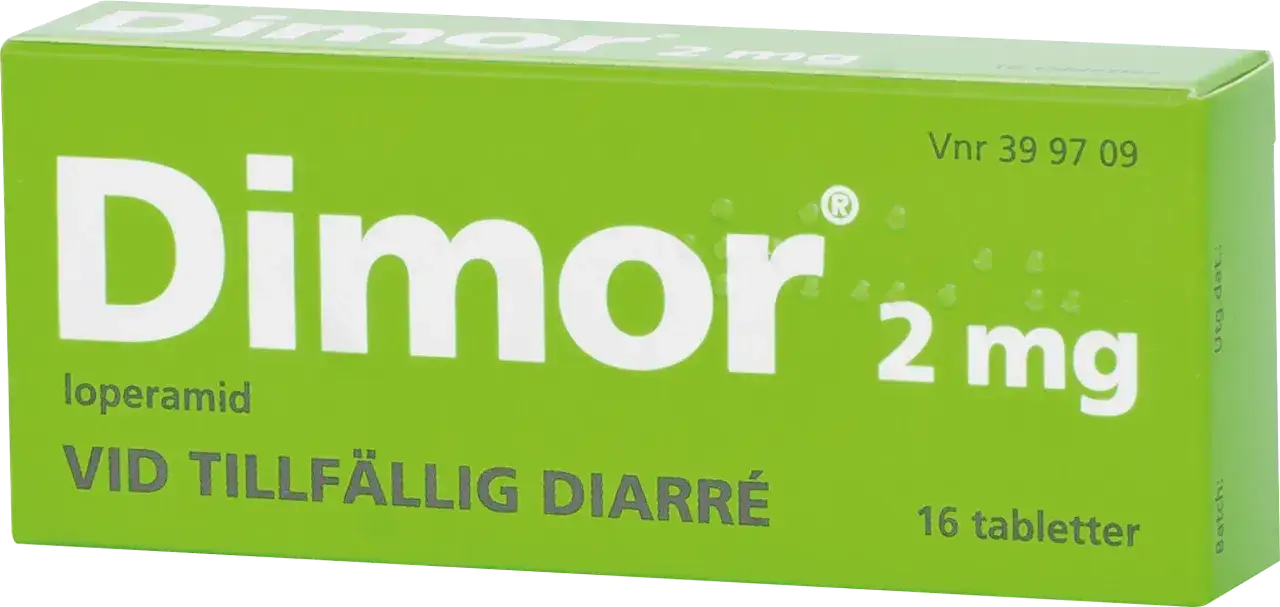Dimor 2 mg loperamid f&ouml;r tillf&auml;llig diarr&eacute;. Hj&auml;lper vid ont i magen och diarr&eacute;. 16 tabletter.