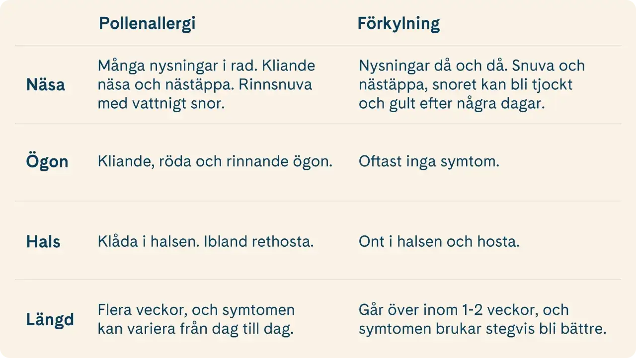 Jämförelse av pollenallergi och förkylning. Pollenallergi ger nysningar, kliande näsa och ögon. Förkylning ger snuva och hosta.