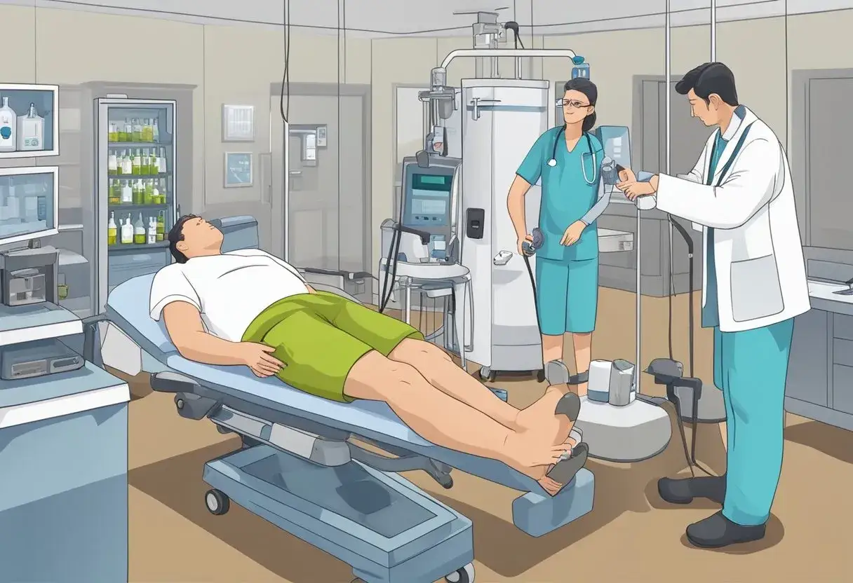 Patient på sjukhussäng, läkare ger nitroglycerin spray.