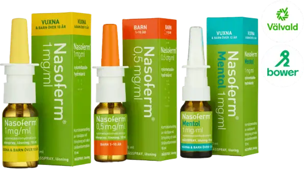 Nasoferm nässpray för vuxna och barn, lindrar nästäppa vid förkylning och akut bihåleinflammation. Finns med och utan mentol.