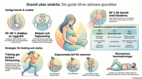 Gravid utan symtom kan vara en utmaning. Bilden visar vanliga besvär som ryggvärk och karpaltunnelsyndrom, samt strategier för lindring.
