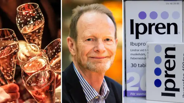 En man ler, omgiven av champagneglas och förpackningar med Ipren, som innehåller ibuprofen, liknande naproxen och Alvedon.