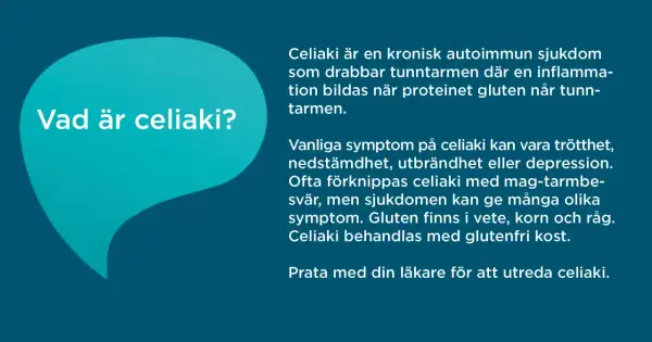 Text om celiaki symtom vuxen. Beskriver sjukdomen, vanliga symptom som trötthet och nedstämdhet, samt glutenfri kost som behandling.