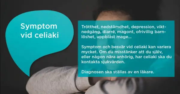 Text om symtom vid celiaki. Många i Sverige kan ha celiaki utan att veta om det. Trötthet, nedstämdhet och magproblem är vanliga.